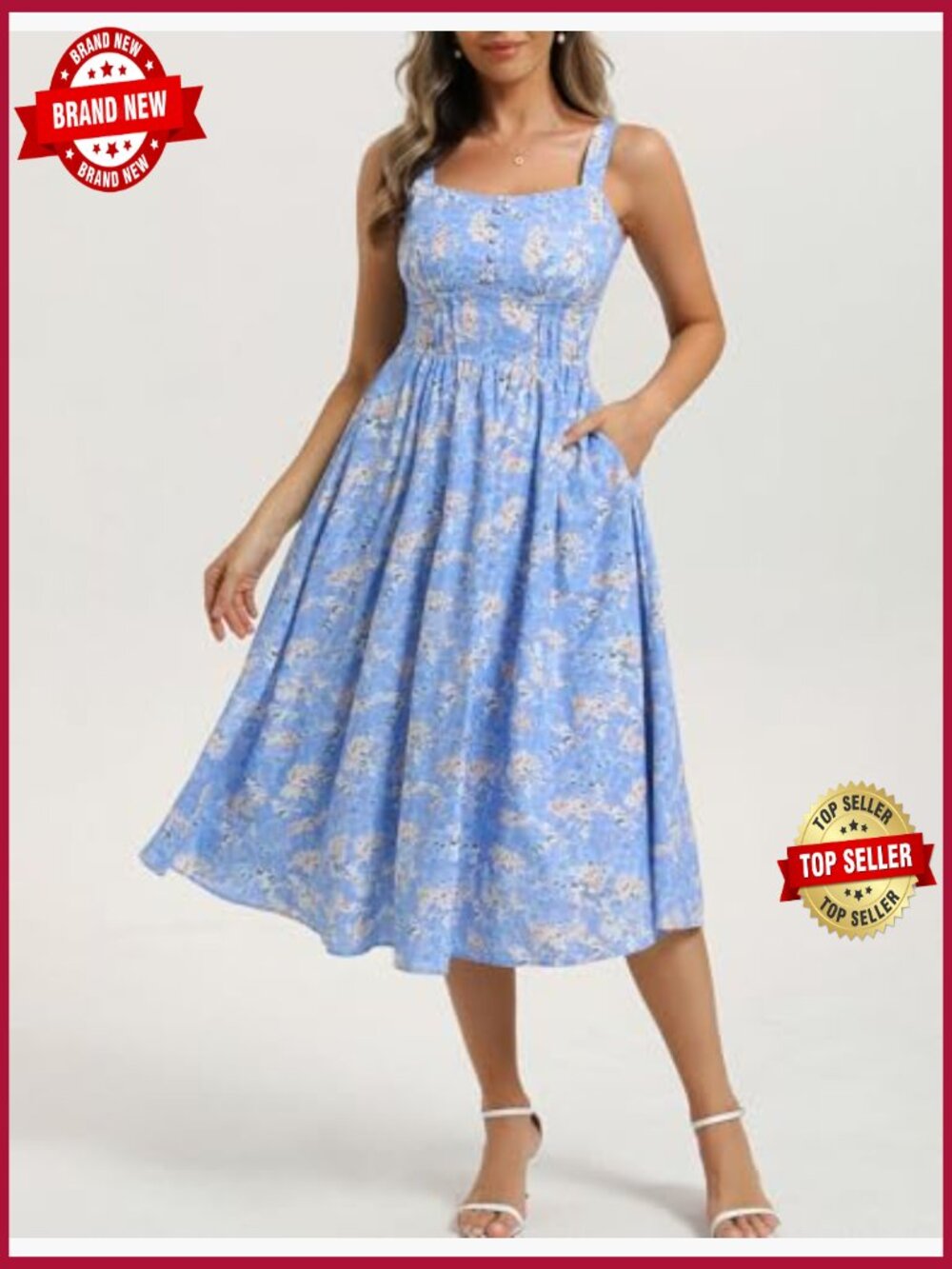 Sleeveless A-Line Midi Sundress with Pockets Flowy Beach Dress - Picture 3 of 7